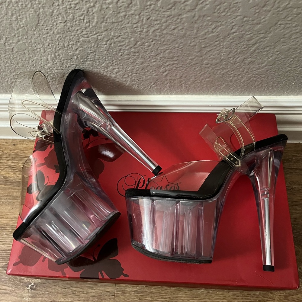 Pleaser stripper exotic dancer heels black clear shoes